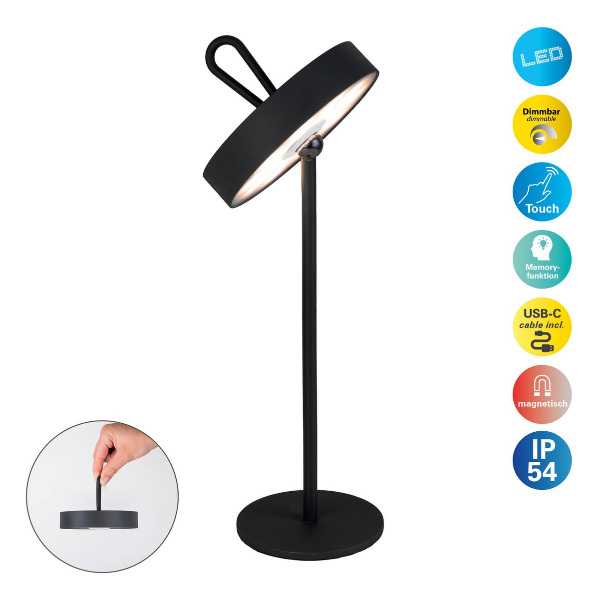 LED -batterijlamp magnetisch "Ella" voor buiten en binnen, gemaakt van metaal en plastic in zwart, 35 cm hoog