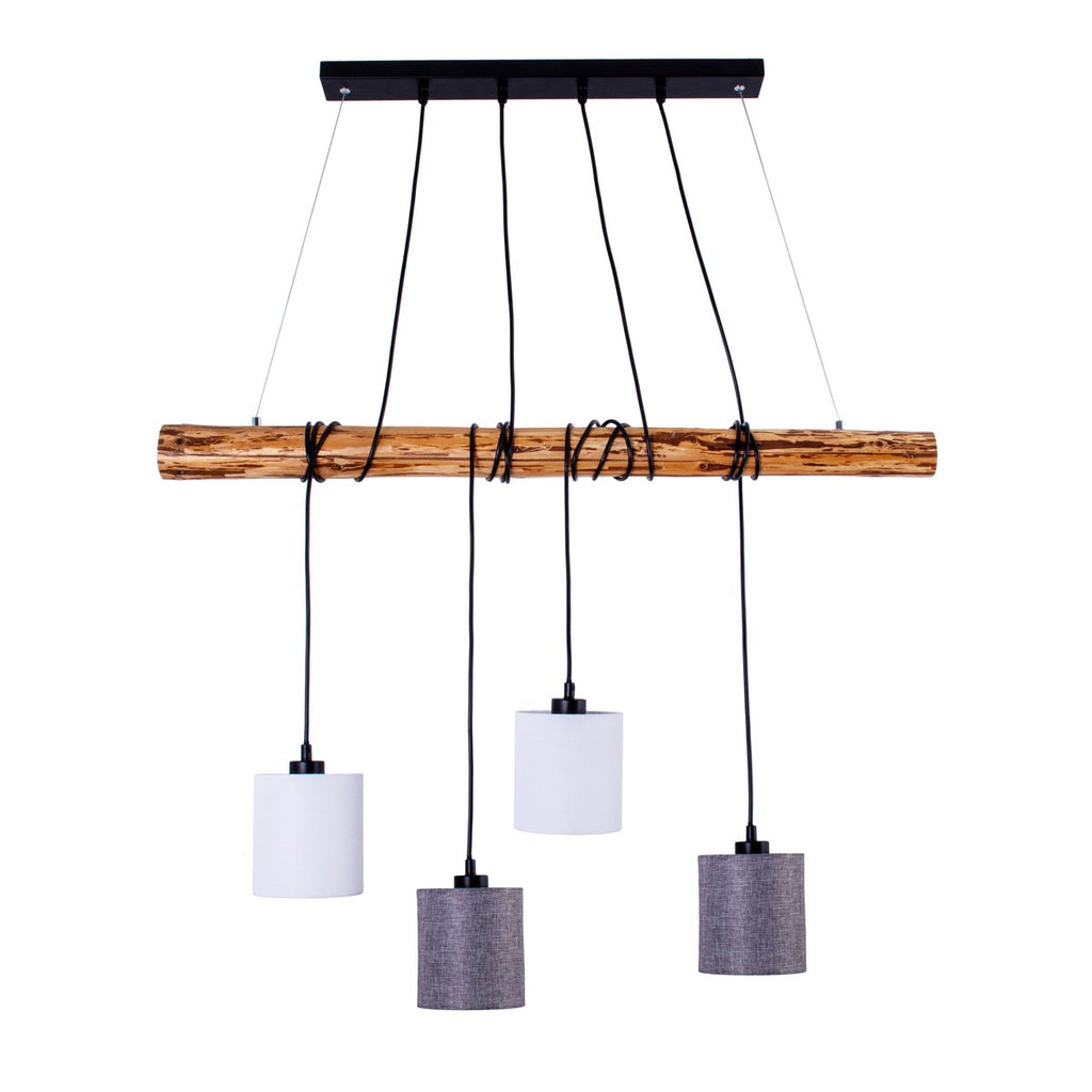 4 hanglamp "Malta" gemaakt van metaal en hout, met textielparaplu's in grijs en wit, E27 -aansluiting, verlichting voor woonkamer, kantoor of nachtkastje